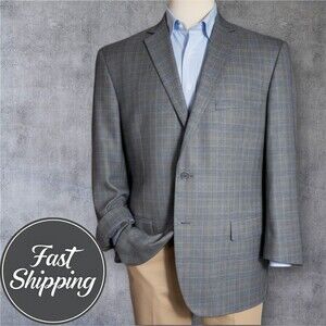 BOCACCIO Mens Blazer Sport Coat Two Button Jacket 52R Gray Windowpane Plaid